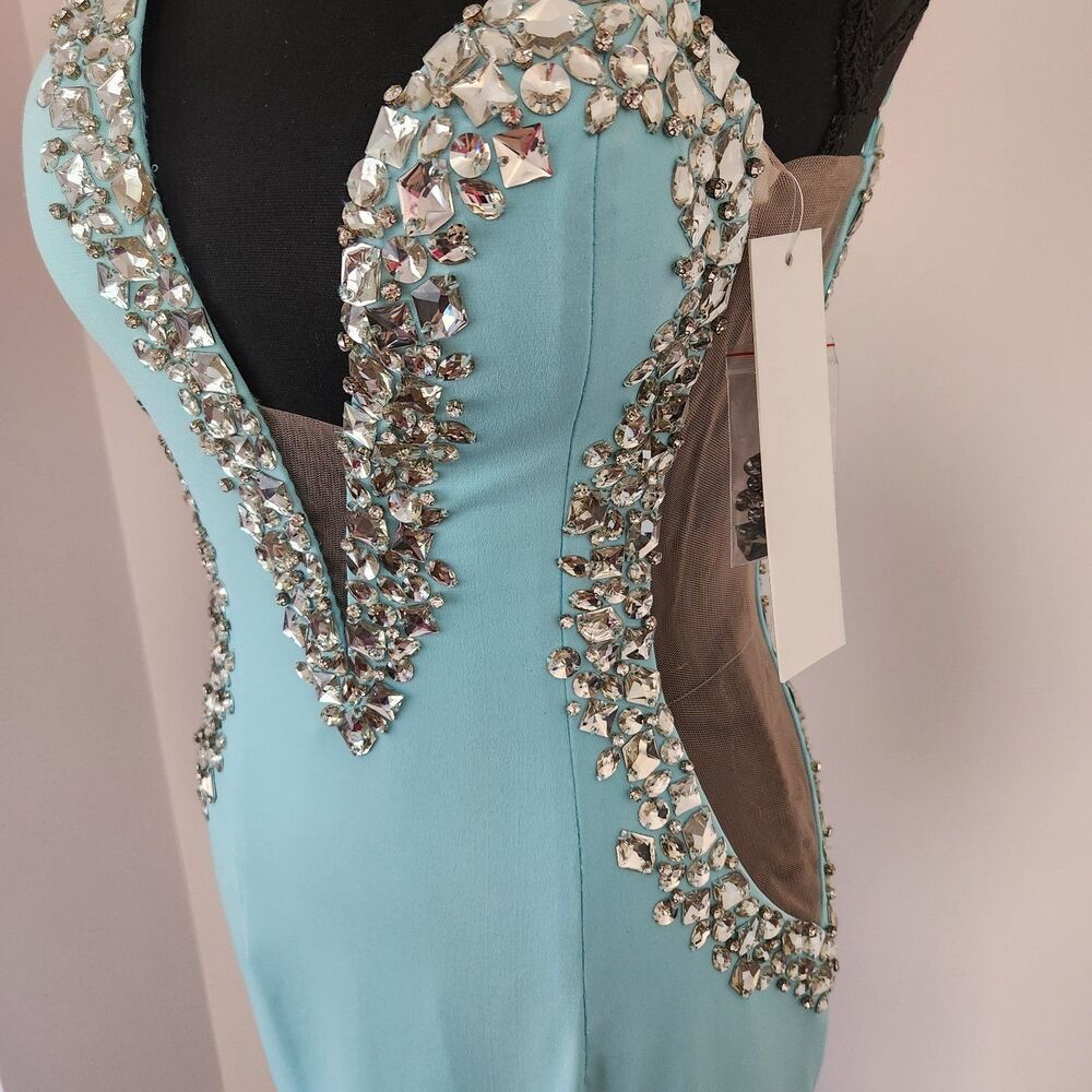 NWT-Jovani Couture Beaded Plunge Gown Tiffany Blue Slit Dress-Size 4 - Picture 7 of 16